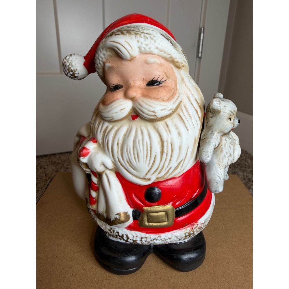 Vintage Santa Claus Ceramic Coin Bank with Teddy Bear and Toy Sack 7 Inch